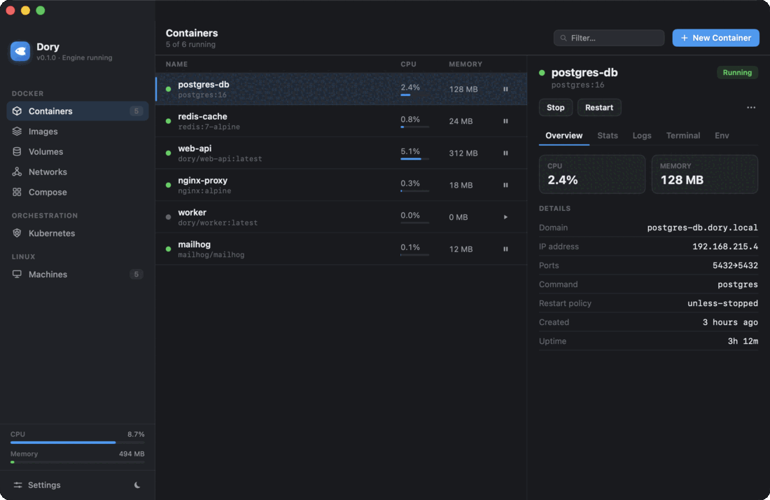 A tour of Dory — containers with live stats, images, volumes, networks, and Linux machines